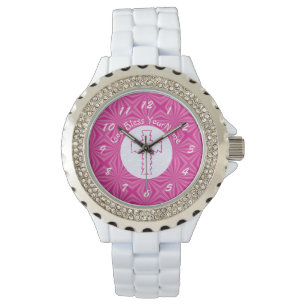 Rosa Zickzack-Kreuz auf Weiß und Hellrosa Armbanduhr