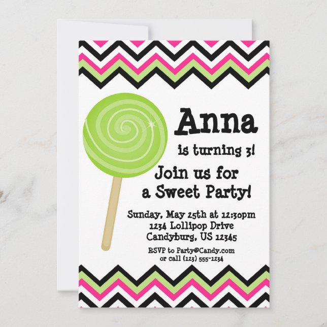 Rosa Zickzack Lutscher-Geburtstags-Party Einladung (Vorderseite)