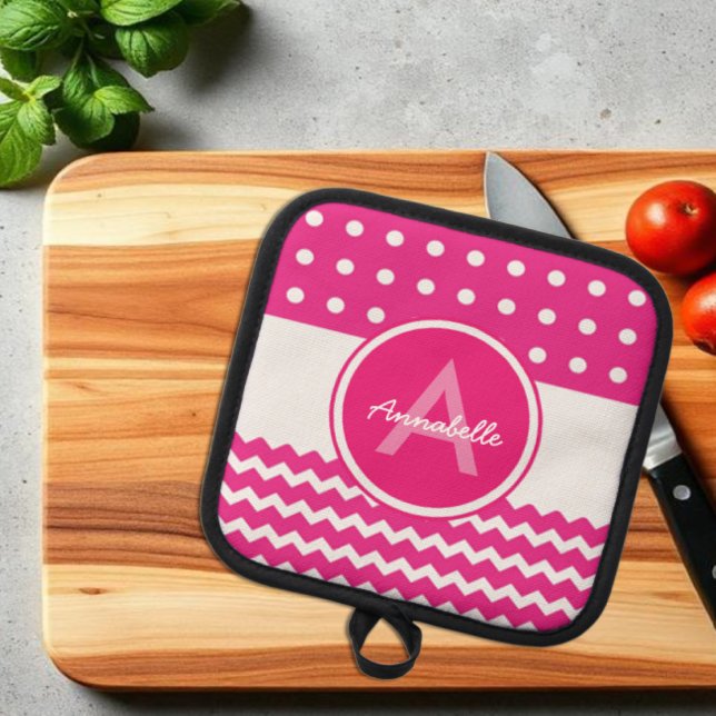 Rosa Zickzack Monogramm Personalisiert Topflappen (Von Creator hochgeladen)