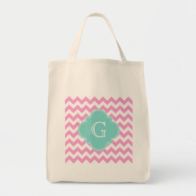 Rosa Zickzack Zigzag Aqua Quatrefolienmonogramm Tragetasche (Vorne)