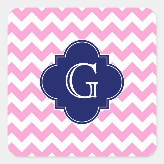 Rosa Zickzack Zigzag Navy Quatrefolie Monogram Quadratischer Aufkleber (Vorderseite)
