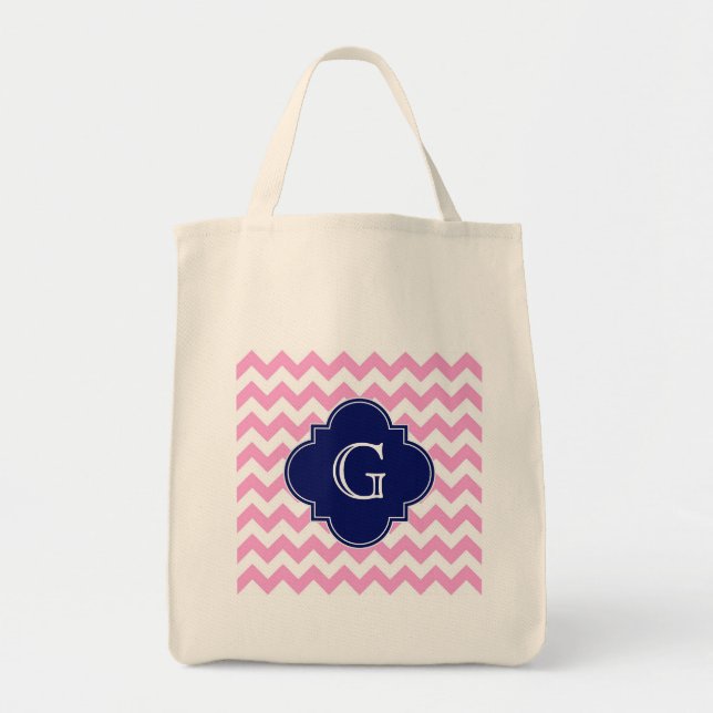 Rosa Zickzack Zigzag Navy Quatrefolie Monogram Tragetasche (Vorne)