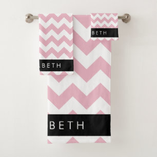 Rosa Zigzag, rosa Zickzack, Wellenmuster, Ihr Name Badhandtuch Set