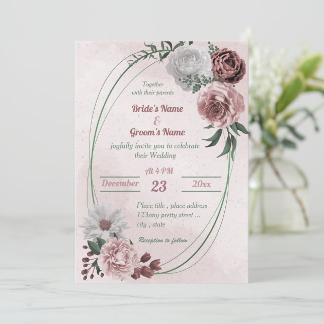 Rosa Zimt Rose Weiß Blütengeometrische Hochzeit Einladung (Stehend Vorderseite)