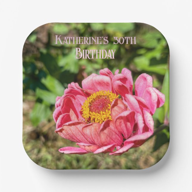 Rosa Zinnie mit gelber Mitte Pappteller (Vorderseite)