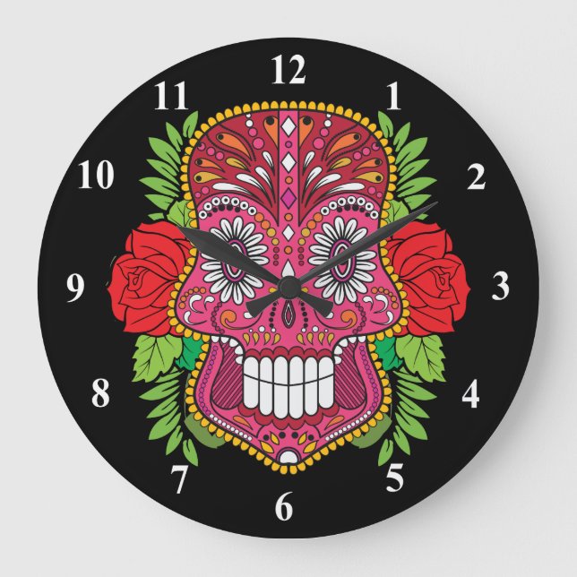 Rosa Zuckerschädel mit Rosen-Grün-Blätter Große Wanduhr (Vorderseite)