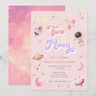 Rosa Zwei der Mond Weltraum Geburtstag Einladung