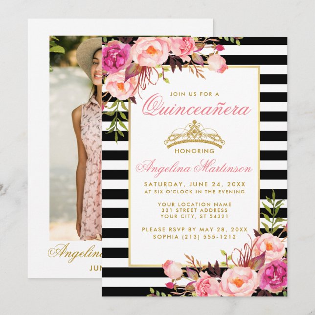 Rosa Zwergquinceanera Goldkrone Stricktes Foto Einladung (Vorne/Hinten)