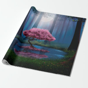 Rosaer Baum und Teich im Wald bei Nacht Geschenkpapier