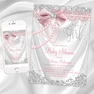 Rosafarben grau Diamant Perle Girly Baby Shower Einladung