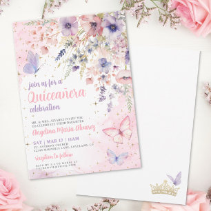 Rosafarben Lila Blumen Schmetterling Quinceanera Einladung