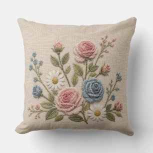 Rosafarben und blau bestickte Rosen Kissen