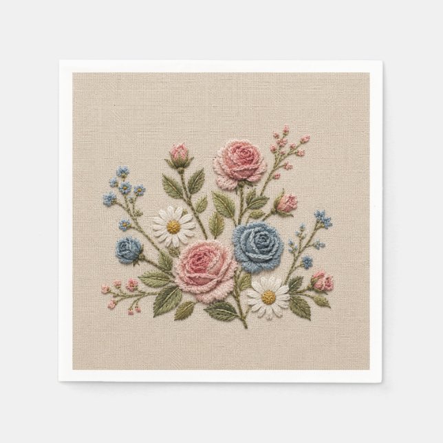 Rosafarben und blau bestickte Rosen Serviette (Vorderseite)