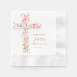 rosafarbene Blumen Kreuz Erstkommunion Serviette