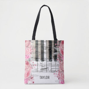 rosafarbene Blumen Musiknoten Klaviertasche Tasche