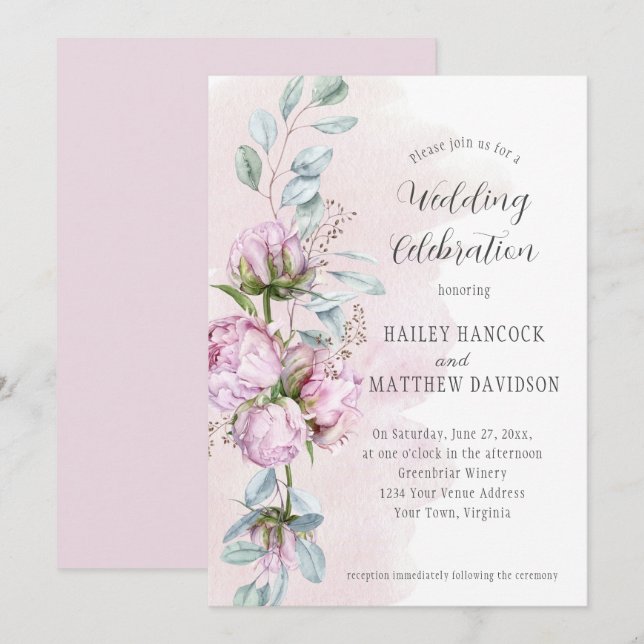 Rosafarbene Peonies, rosa Wash, Grüne Hochzeit Einladung (Vorne/Hinten)