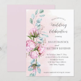 Rosafarbene Peonies, rosa Wash, Grüne Hochzeit Einladung