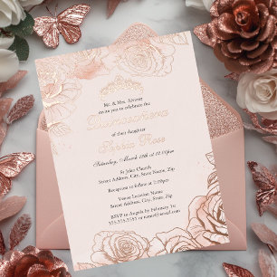 Rosafarbene Pfirsich-Blumen-Rose-Gold-Quinceanera  Folieneinladung