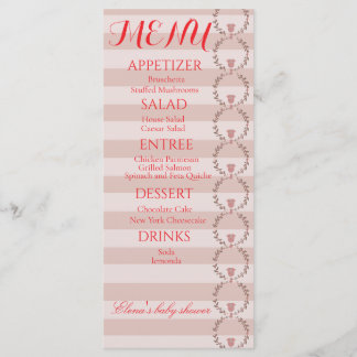 Rosafarbene Streifenkränze Baby Shower-Menü Menükarte