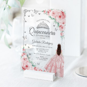 Rosafarbene Wasserfarben-Rosen Silber Quinceanera Acryleinladungen
