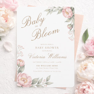 Rosafarbenen Pfingstrosen in Blüte Baby Shower Run Einladung