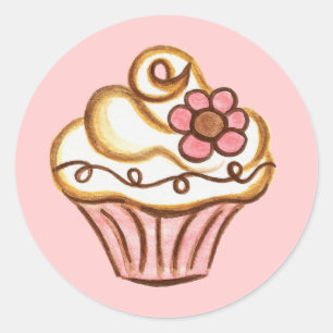Rosafarbener Blumen-Cupcake-Aufkleber Runder Aufkleber