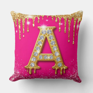 Rosafarbener Glitter-Diamant-Initial A Goldrahmen- Kissen
