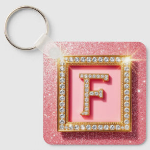 Rosafarbener Glitter-Diamant-Initial F mit goldene Schlüsselanhänger
