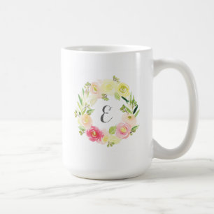 Rosafarbener und gelber Wasserfarben-Blumenkranz   Kaffeetasse