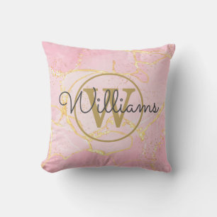 Rosafarbenes Achat-Geoden-Gold-Monogramm-Name Kissen