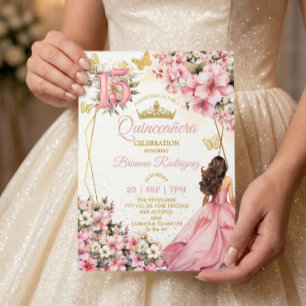 Rosafarbenes Blumen-Gold-Schmetterlinge Quinceañer Einladung