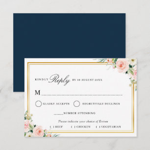 rosafarbenes Blumen-Goldrahmen-Menüwahl-RSVP-Karte RSVP Karte
