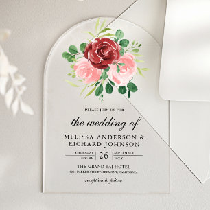 Rosafarbenes Burgunder Blumen Hochzeit Acryleinladungen