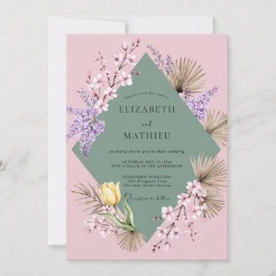 Rosafarbenes Flieder-Tulpen-Eukalyptus-Hochzeit Einladung