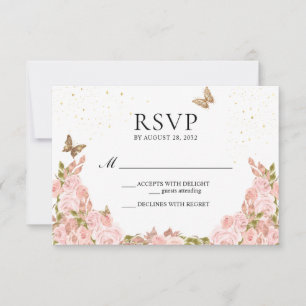 Rosafarbenes Florales Gold Schmetterling Quinceane RSVP Karte