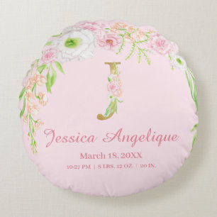 Rosafarbenes florales Monogramm Baby Stats Rundes Kissen