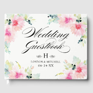 Rosafarbenes Frühlings-Blumen-Aquarell-Hochzeitsmo Gästebuch