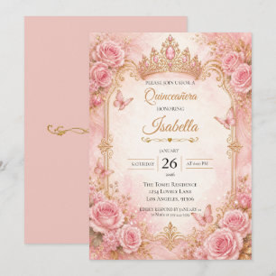 Rosafarbenes Gold Blumen Quinceañera Einladung