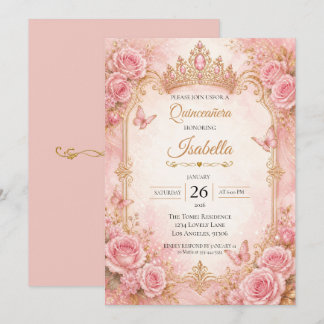 Rosafarbenes Gold Blumen Quinceañera Einladung