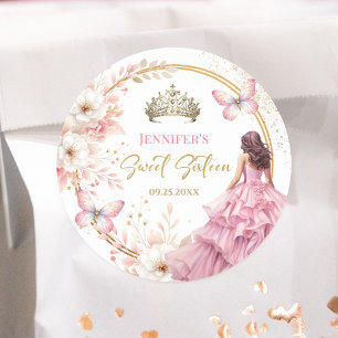 Rosafarbenes Gold Prinzessin Diadem Floral Sweet 1 Runder Aufkleber