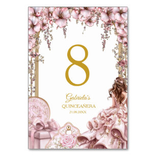 Rosafarbenes Goldenes Diadem Blumen Quinceañera Tischnummer