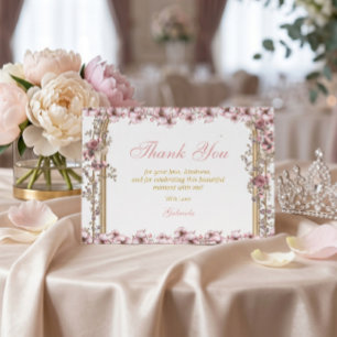 Rosafarbenes Goldenes Tiara Florales Quinceañera Dankeskarte