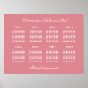 Rosafarbenes Hochzeits-Sitzplan-Poster für 8 Tisch Poster