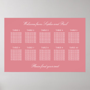 Rosafarbenes Hochzeits-Sitzplanposter für 10 Tisch Poster