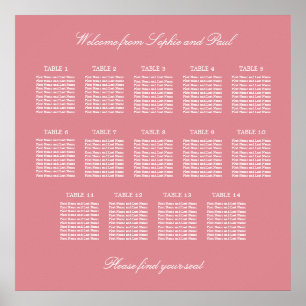 Rosafarbenes Hochzeitssitzplanposter für 14 Tische Poster