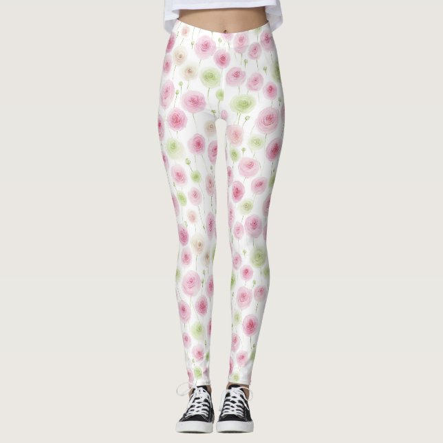 Rosafarbenes Mint Blumenranunkel Leggings (Vorderseite)