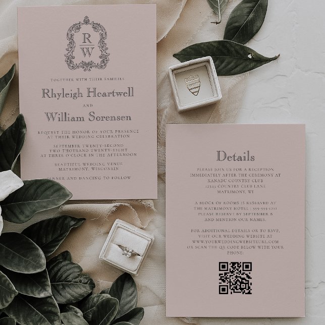 Rosafarbenes Monogrammwappen QR-Code Hochzeit Einladung (Von Creator hochgeladen)