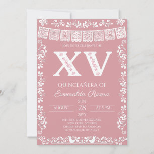 Rosafarbenes Papel-Picado-Quinceañera-XV-Geburtsta Einladung