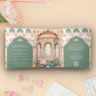 Rosafarbenes Pastellgrün Lotus Teich Indische Hoch Dreifach Gefaltete Einladung