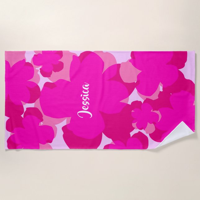 Rosafarbenes Popflower-Handtuch Strandtuch (Vorderseite)